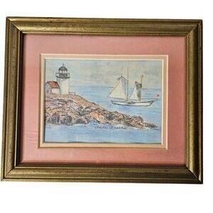 Adele Gracha Signed Original Coastal Pastel Drawing Lighthouse Sailboat Framed